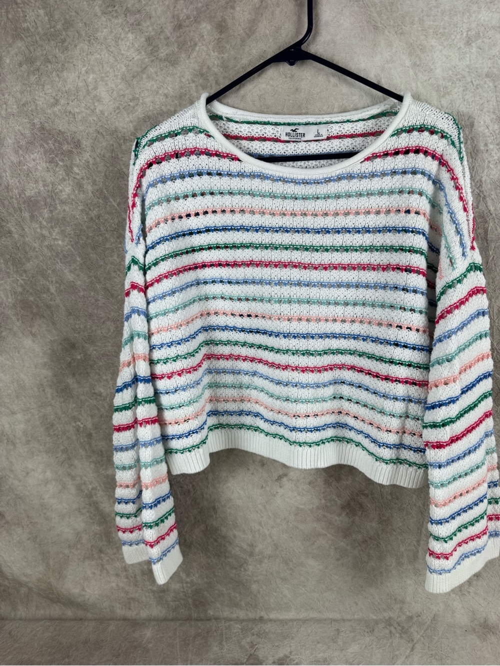 Hollister White Open-Knit Sweater with Multicolor Stripes Large Back to School